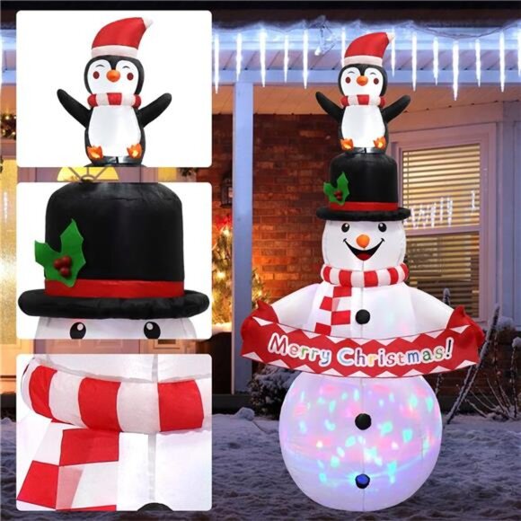 LED 6FT Christmas Inflatable Snowman With Penguins – Color  6FT Christmas Inflatable Snowman Decorations, Blow Up Snowman Penguins